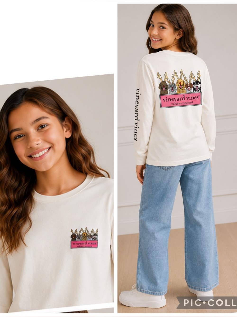 Vineyard Vines Reindeer Pups Youth L 11/12 Ivory Christmas Long Sleeve Tee